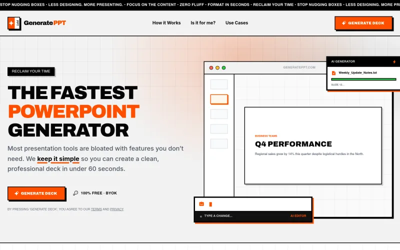 GeneratePPT: AI Deck Generator | Clean Slides in Under 60s screenshot