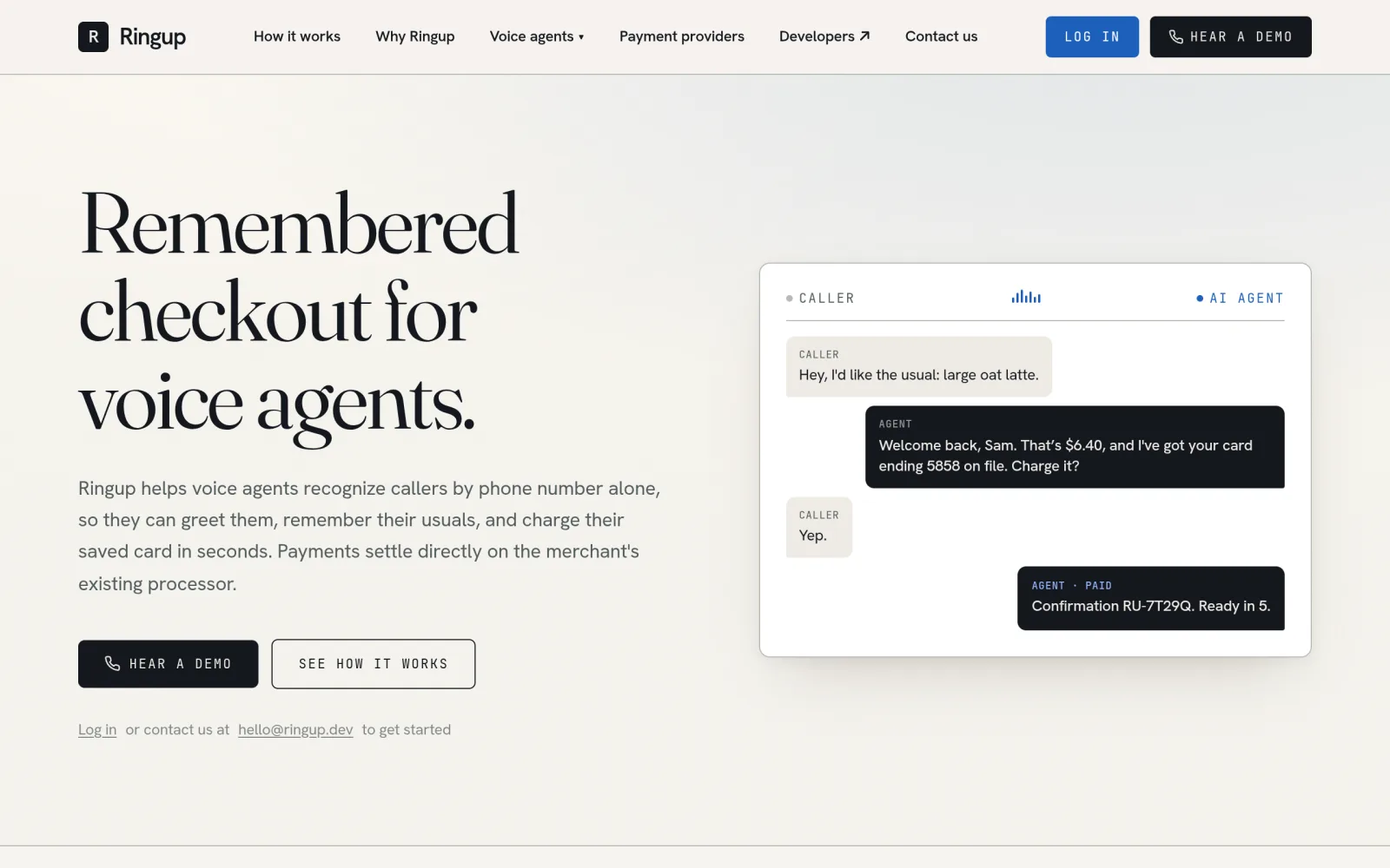 Identity and payments for voice agents | Ringup screenshot