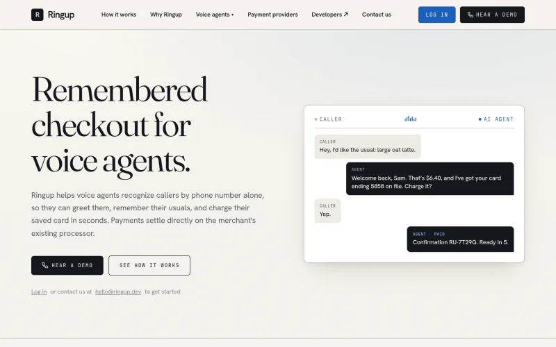 Identity and payments for voice agents | Ringup screenshot