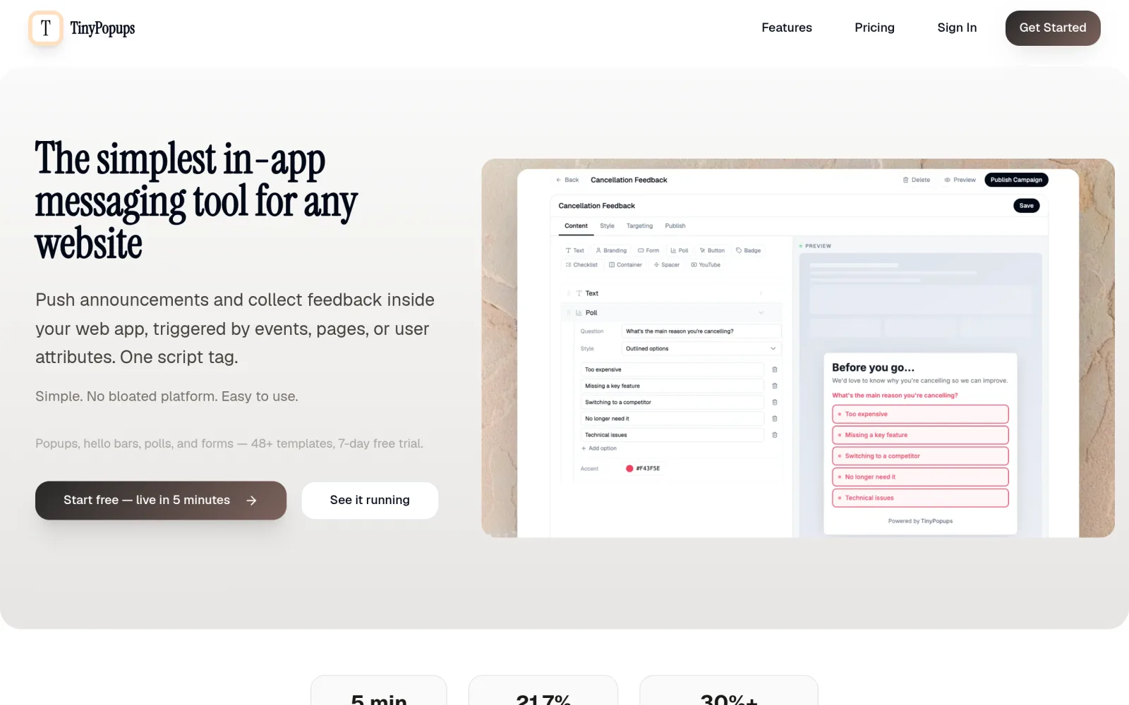 TinyPopups — Lightweight In-App Messaging for SaaS screenshot
