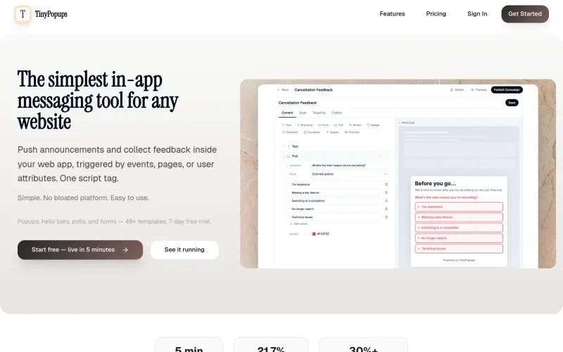 TinyPopups — Lightweight In-App Messaging for SaaS screenshot