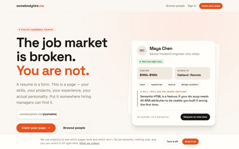 SomebodyHire.Me — the job market is broken. You are not. screenshot