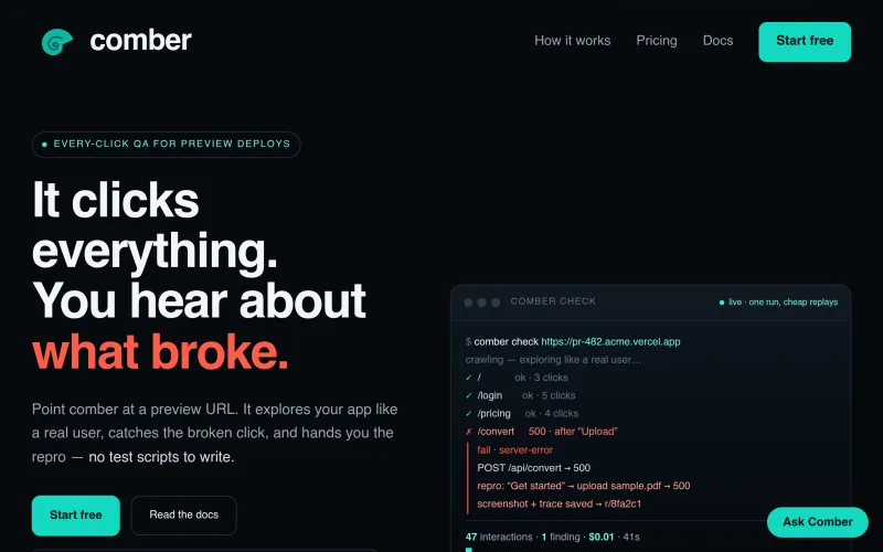 comber · every-click QA for preview deploys screenshot