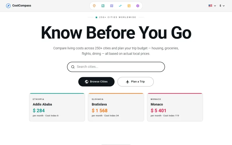 CostCompass — Cost of Living in 250 Cities (Real Scraped Prices) screenshot