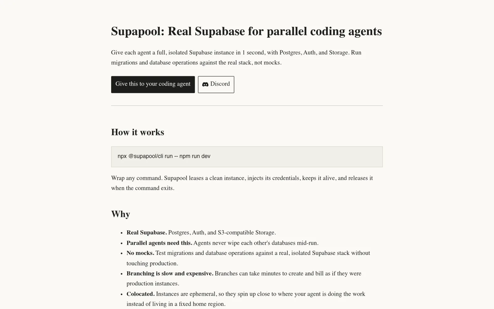 Supapool: Real Supabase for parallel coding agents screenshot
