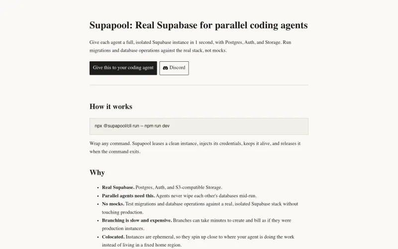 Supapool: Real Supabase for parallel coding agents screenshot