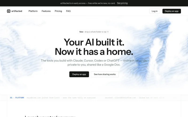 artifacted — The cloud for agent-built software screenshot