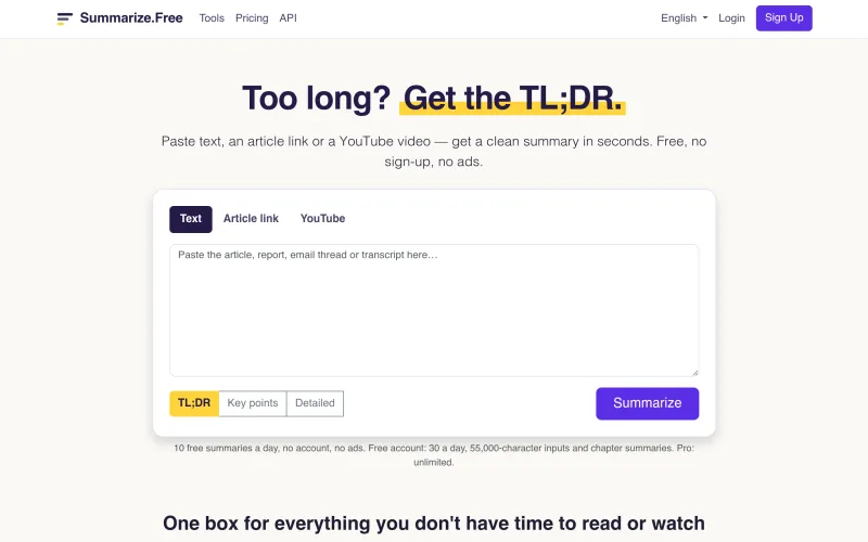 Free AI Summarizer — TL;DR for Text, Articles & YouTube screenshot