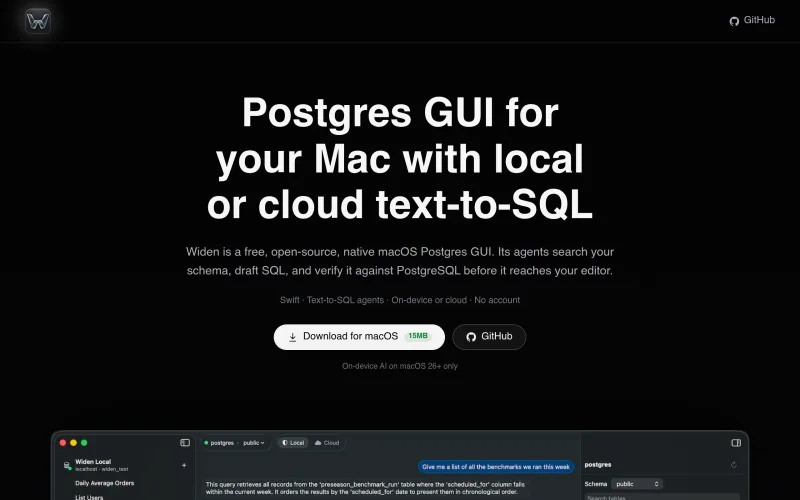 Widen - Postgres GUI for your Mac with local or cloud text-to-SQL screenshot