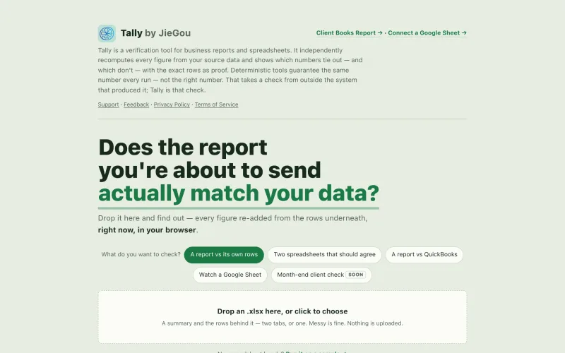 Tally by JieGou — does the report you're about to send match your data screenshot