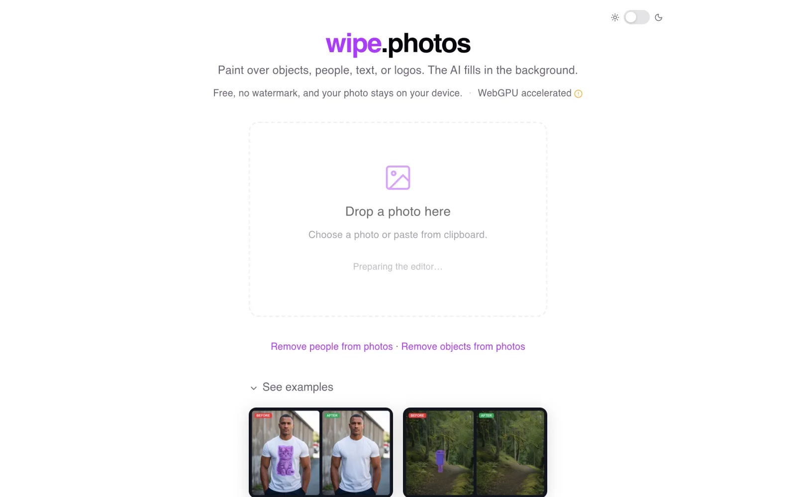 Remove Objects & People from Photos: Free AI Inpainting | wipe.photos screenshot
