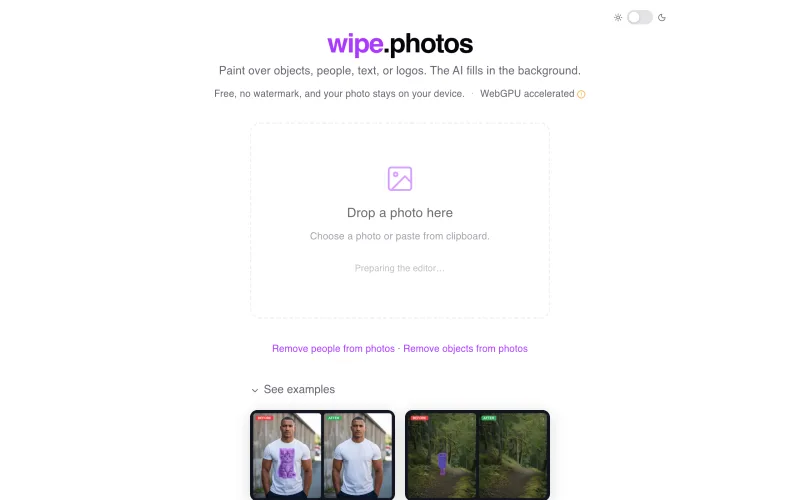 Remove Objects & People from Photos: Free AI Inpainting | wipe.photos screenshot
