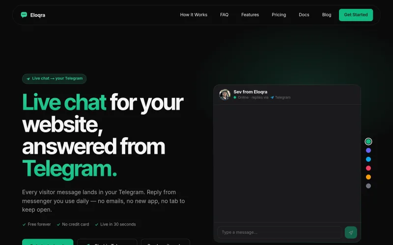 Eloqra | Free live chat widget that goes to your Telegram screenshot