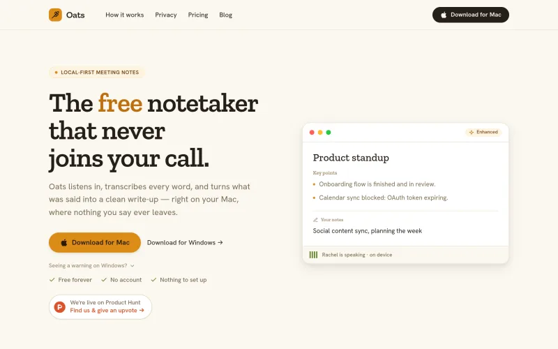 Oats: free, private meeting notes — no bot in your call screenshot