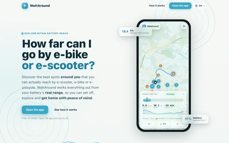 E-scooter & e-bike routes for your range · WattAround screenshot