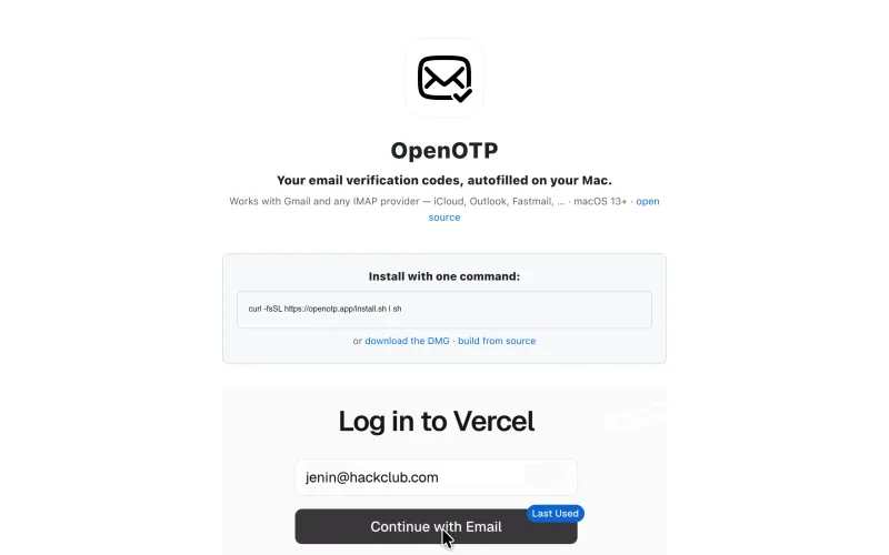 OpenOTP — your email verification codes, autofilled on your Mac screenshot