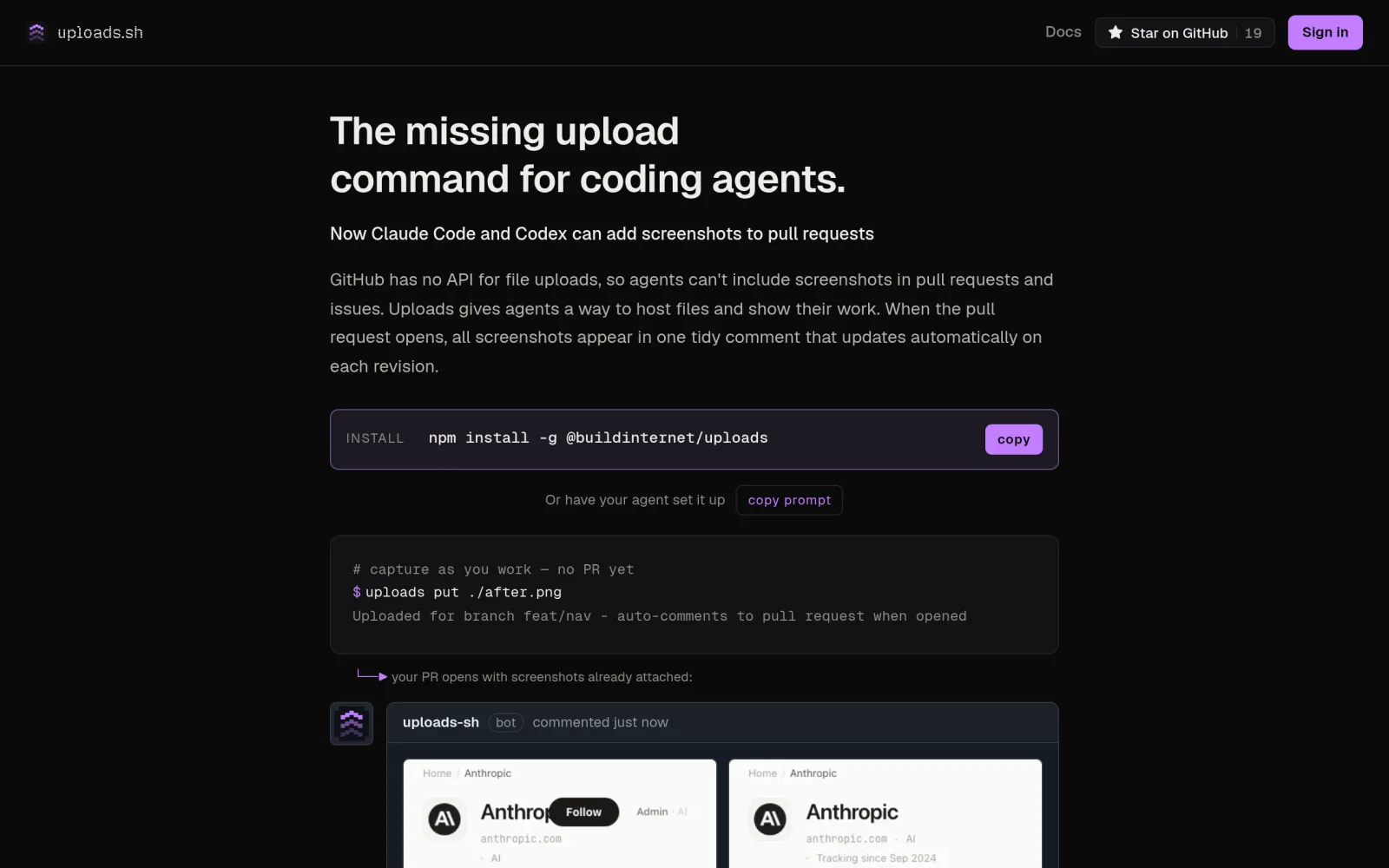 uploads.sh — the missing upload command for coding agents screenshot