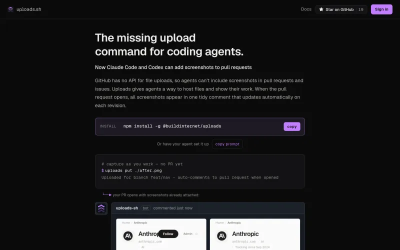 uploads.sh — the missing upload command for coding agents screenshot