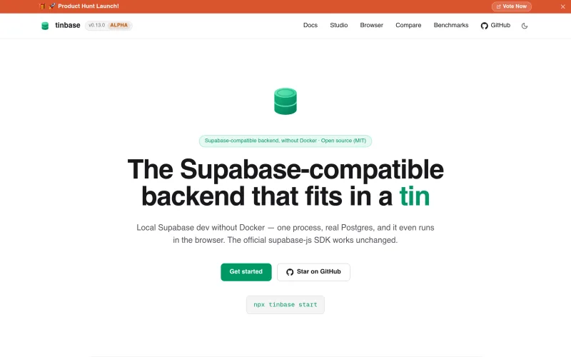 tinbase — the Supabase-compatible backend that fits in a tin screenshot
