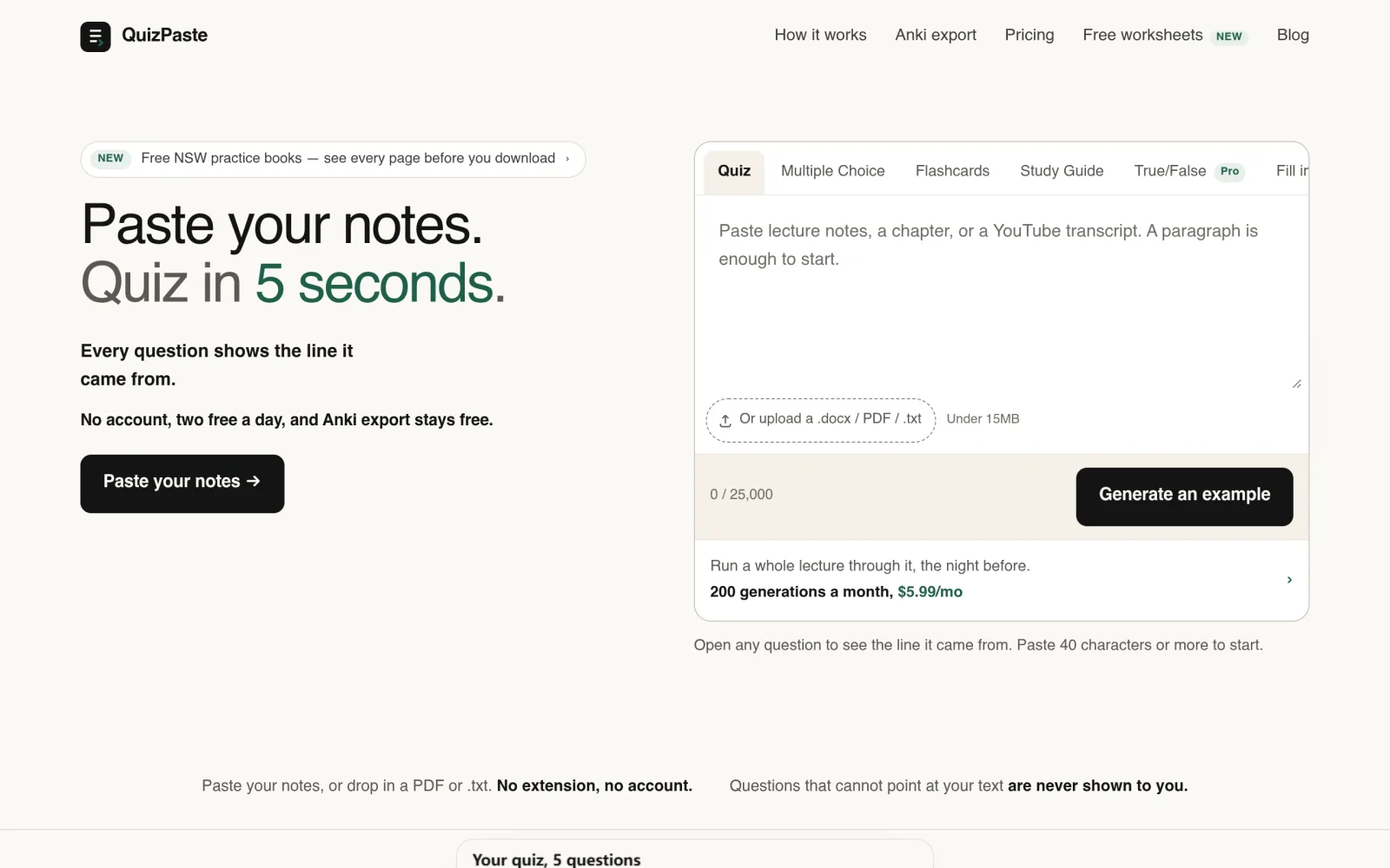 QuizPaste. Paste your notes, get a quiz in 5 seconds. screenshot