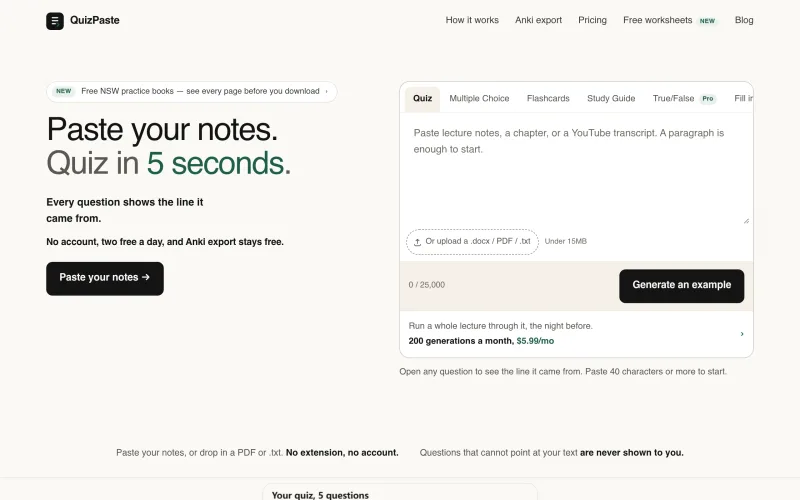 QuizPaste. Paste your notes, get a quiz in 5 seconds. screenshot