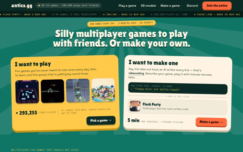 Play multiplayer browser games with friends — or vibe-code your own screenshot