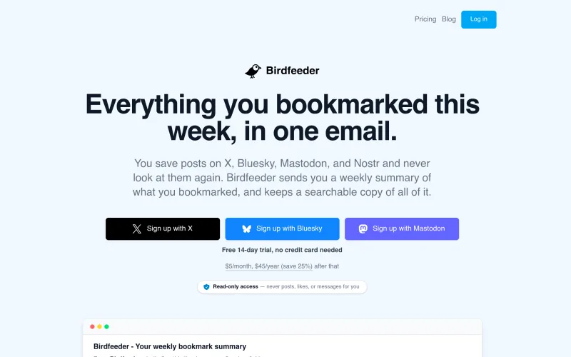Birdfeeder: X (Twitter) and Bluesky Bookmark Manager screenshot