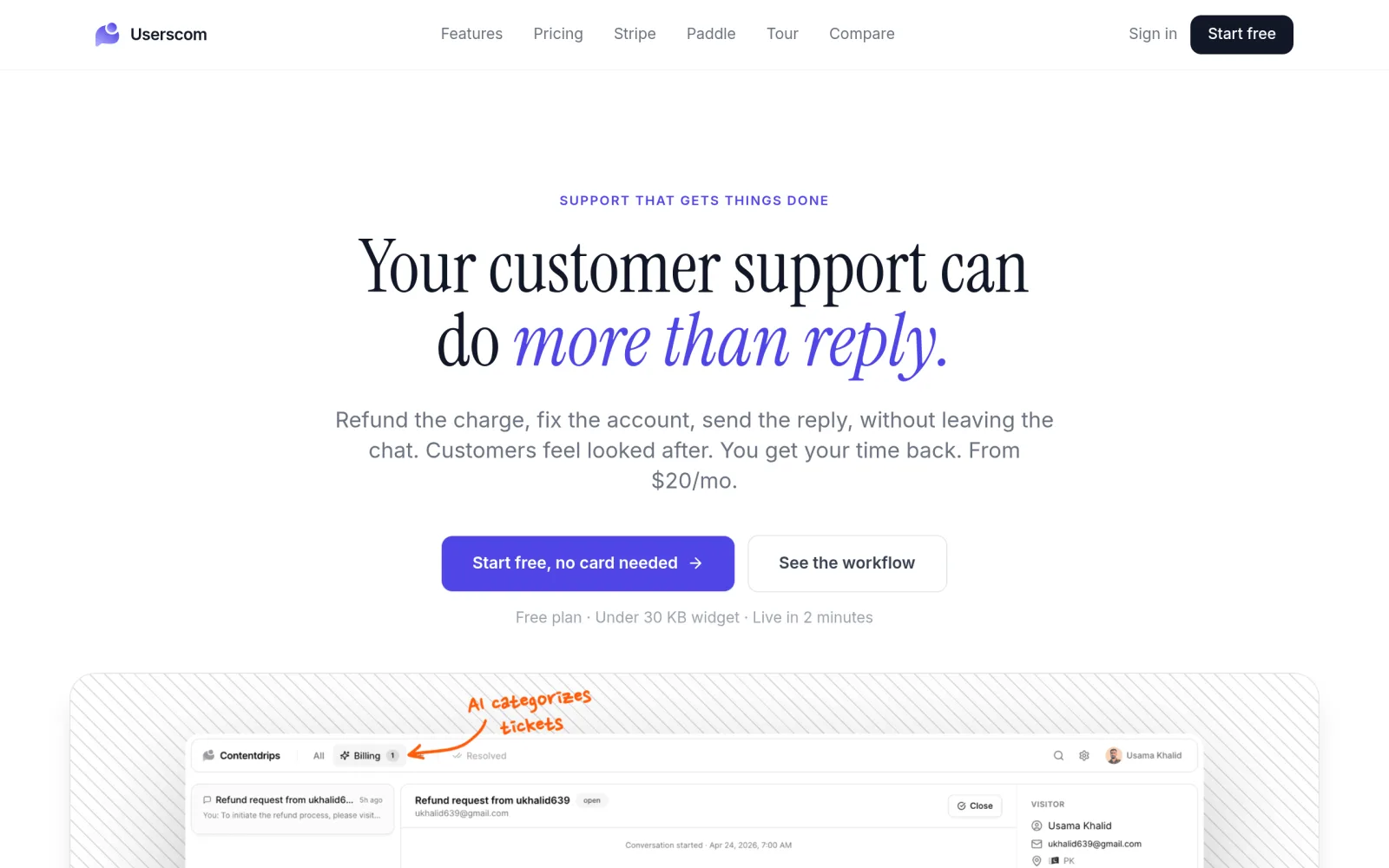 Userscom | Customer Support with Stripe & Paddle Integration screenshot
