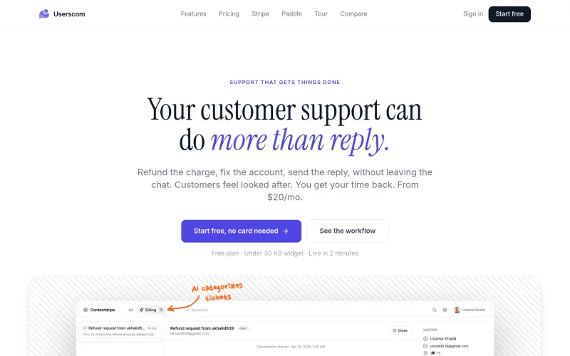 Userscom | Customer Support with Stripe & Paddle Integration screenshot