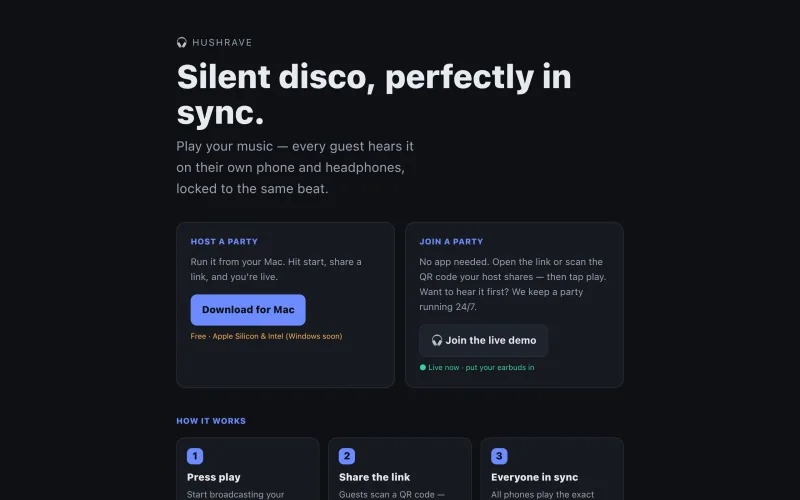 HushRave — silent disco, perfectly in sync screenshot