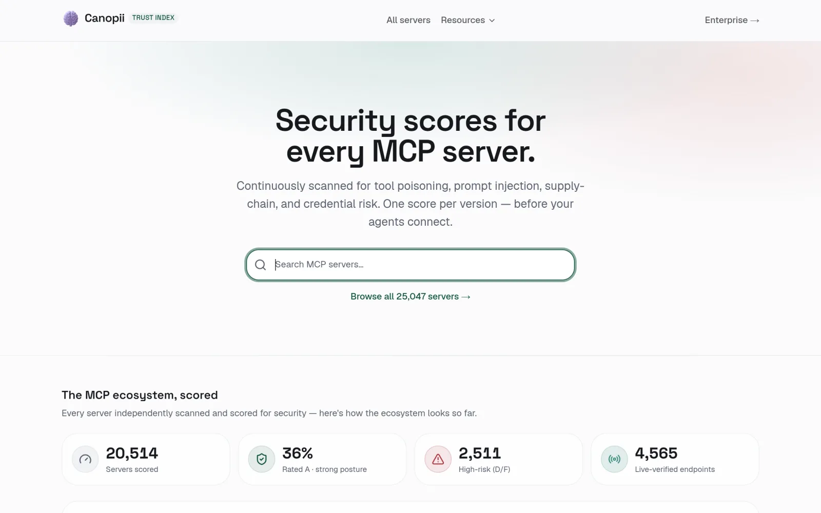 Canopii Trust Index — Security-scored MCP servers screenshot