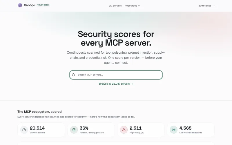 Canopii Trust Index — Security-scored MCP servers screenshot