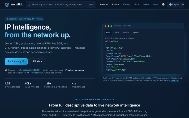 WorldIP — IP Address Data API: owner, ASN, geo, proxy & BGP screenshot