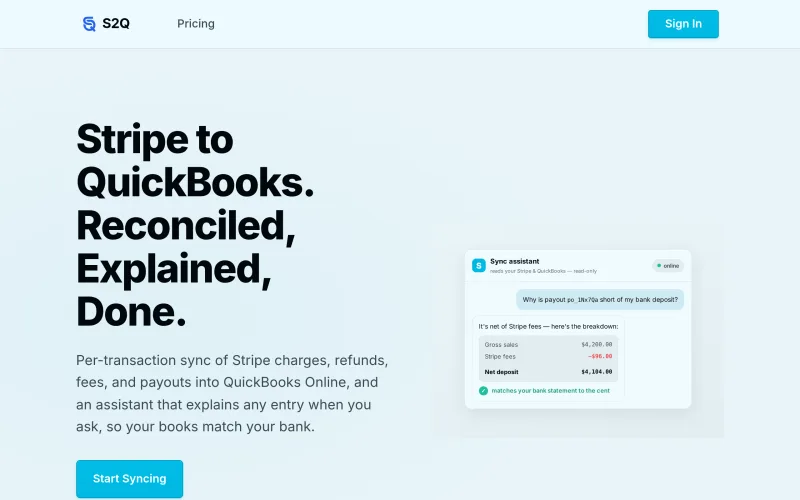 S2Q — Stripe to QuickBooks, reconciled and explained screenshot