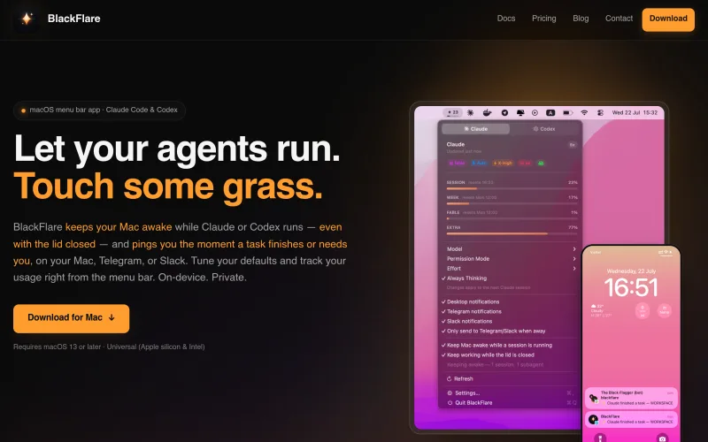 BlackFlare — Keep awake, notify Claude/Codex finishes screenshot